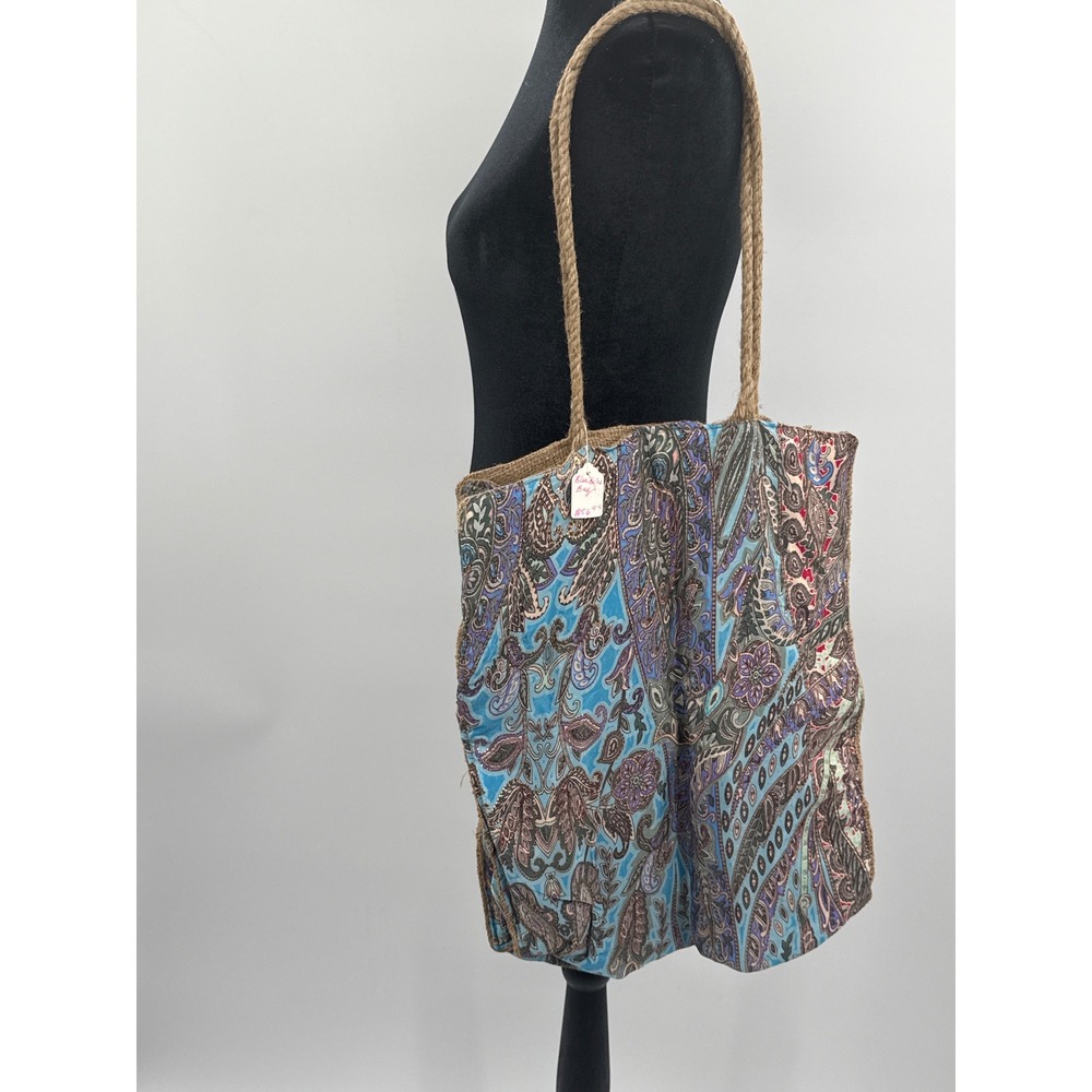 Karma Highway Blue Paisley Burlap Tote Bag Large Boho Rope Handle Shoulder Bag
